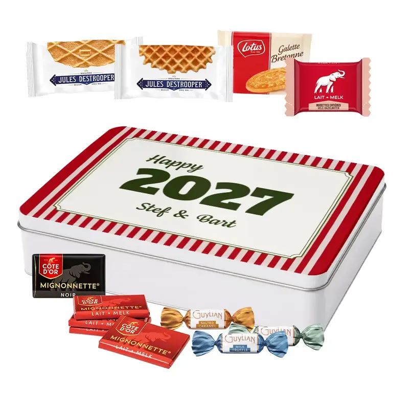 Blikvanger 2027 - Côte d'Or, Lotus, Guylian, Jules Destrooper - volledig gepersonaliseerd cadeau - extra large tinnen blik - 515g