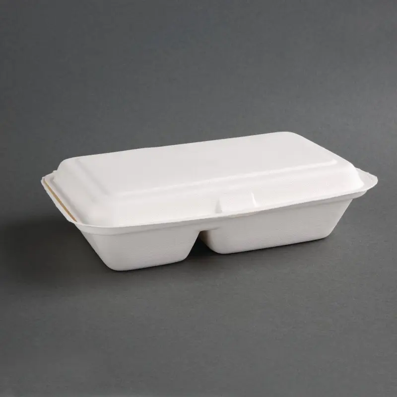 Boîtes 2 compartiments avec couvercle à charnière compostables en bagasse Fiesta Compostable 253mm (lot de 200)