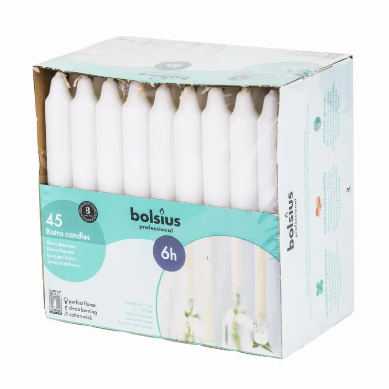 Bougies bistro Bolsius 177mm blanches (lot de 45)