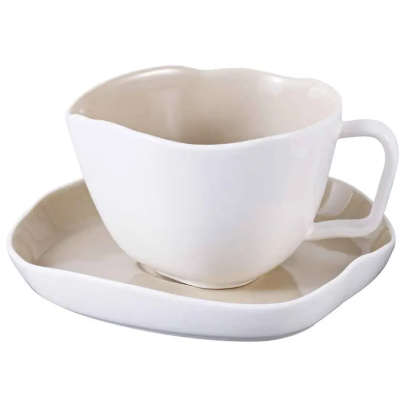 Bricard Bonnes - Espressoset - 12-delig - Wit/Taupe - 125ml - Porselein - Kleine Espresso Kopjes en Schoteltjes