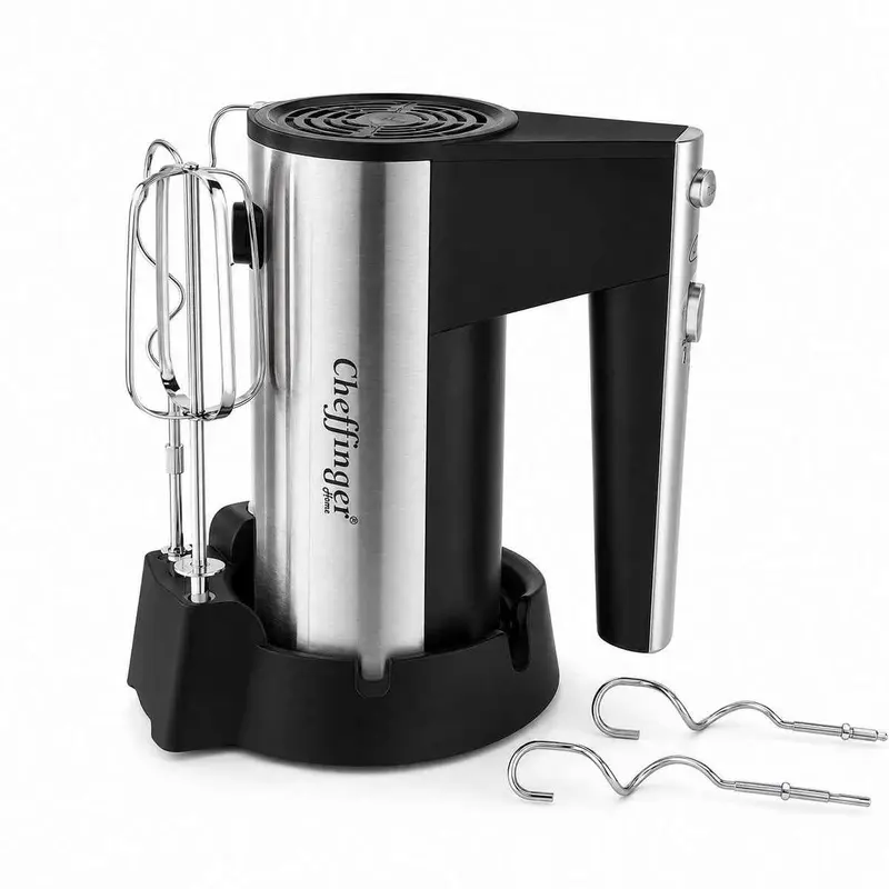 Cheffinger Handmixer 200W RVS - 5 Snelheden - Inclusief Deeghaken & Gardes - Zwart/RVS