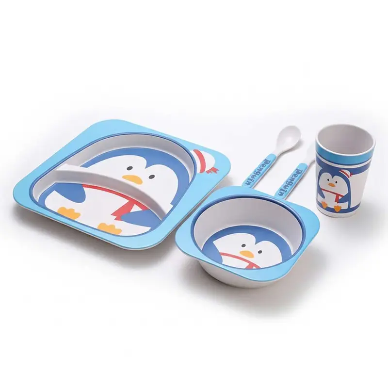 Cheffinger Kinderservies - Pinguïn - Bamboe - 5-delig - Blauw - Baby Servies - Kinderbestek