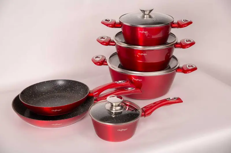 Cheffinger Pannenset - 10-delig - Rood - Inductie - Met Glazen Deksels