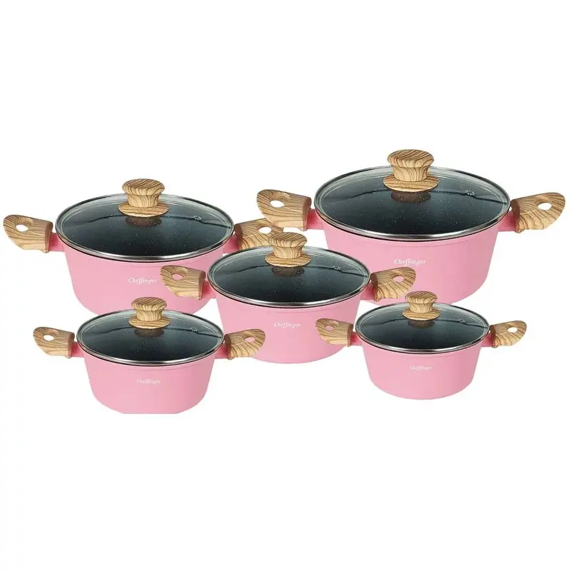 Cheffinger Pannenset - 10-delig - Roze - Inductie - Met Glazen Deksels