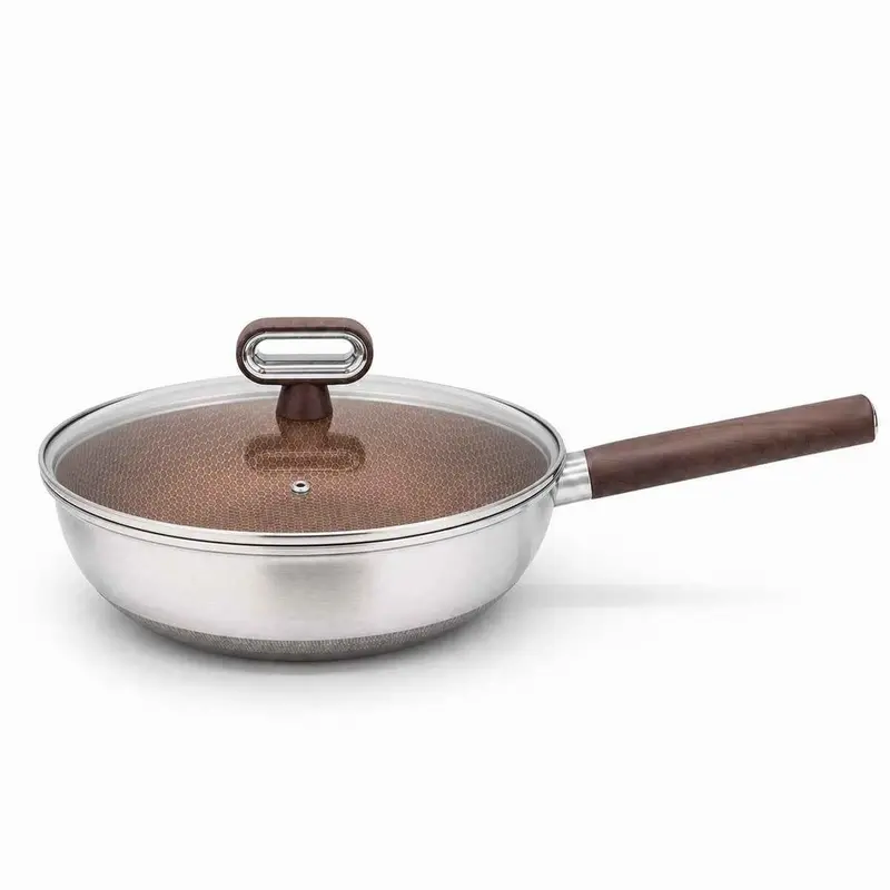 Cheffinger Wokpan met Steel & Deksel - 28cm - Honingraat Antikras - Super Reliëf - Soft-Touch Handgreep met Houtlook - RVS - Inductie