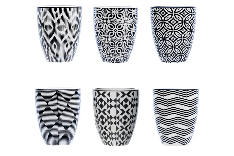 Cosy & Trendy Nikko Black Bekers – 20 cl – Zonder Oor – Porselein – Set van 6 – Assorti Zwart/Wit