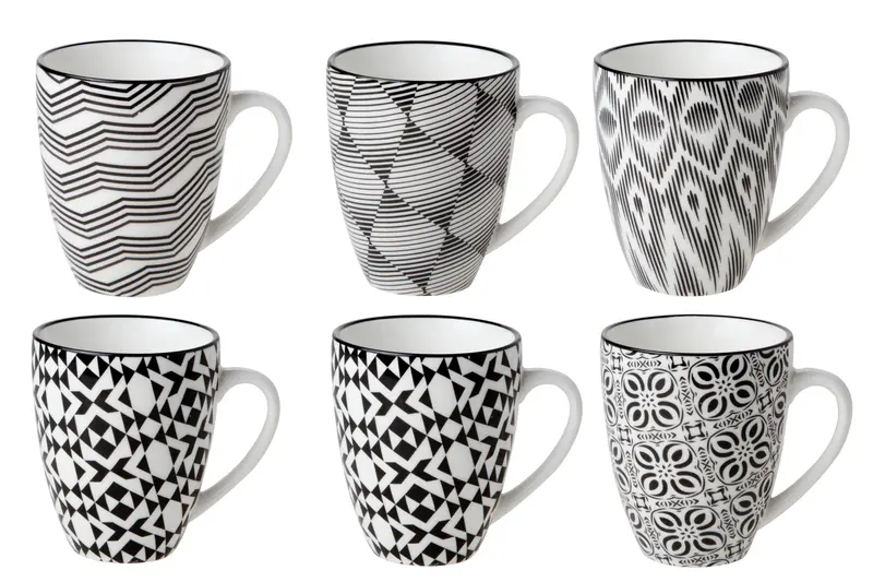 Cosy & Trendy Nikko Black Mok – 19 cl – Porselein – Assorti Zwart/Wit – Set van 6