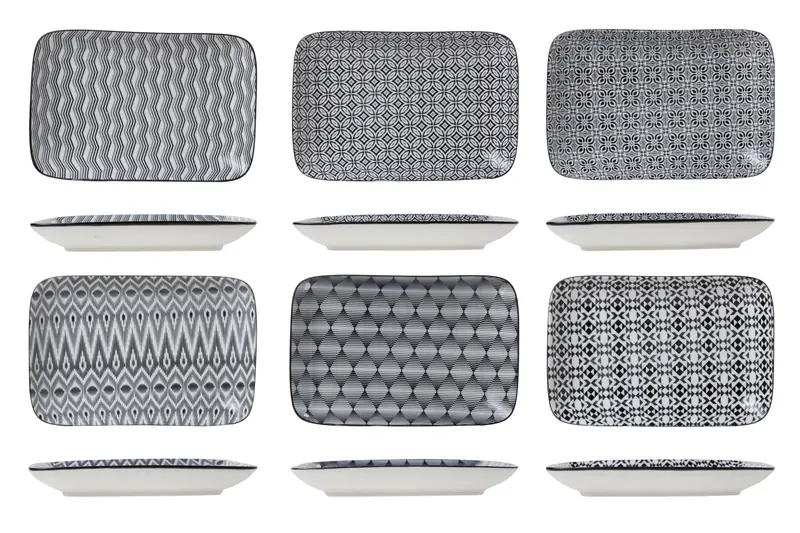 Cosy & Trendy Nikko Black Rechthoekige borden – 26 x 17,5 cm – Porselein – Set van 6 – Assorti Zwart/Wit