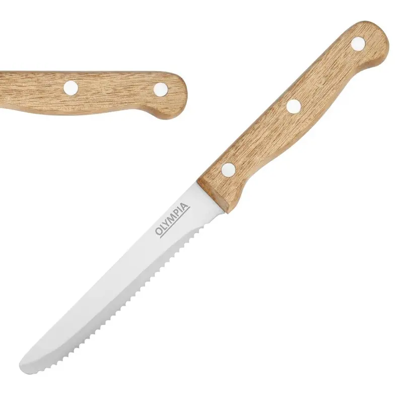 Couteaux à steak arrondis manche en bois d'acacia 100% FSC Olympia 121mm (lot de 12)