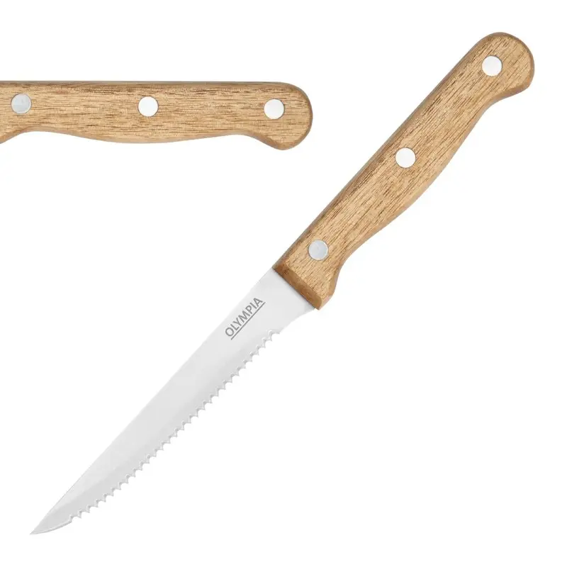 Couteaux à steak manche en bois d'acacia 100% FSC Olympia 113mm (lot de 12)