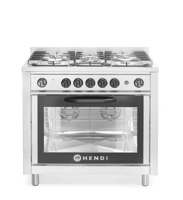 Cuisinière à gaz - 5 feux avec four électrique, HENDI, Kitchen Line, Argent, 230V/2900W, 14,3kW, 900x653x(H)900mm — 225707