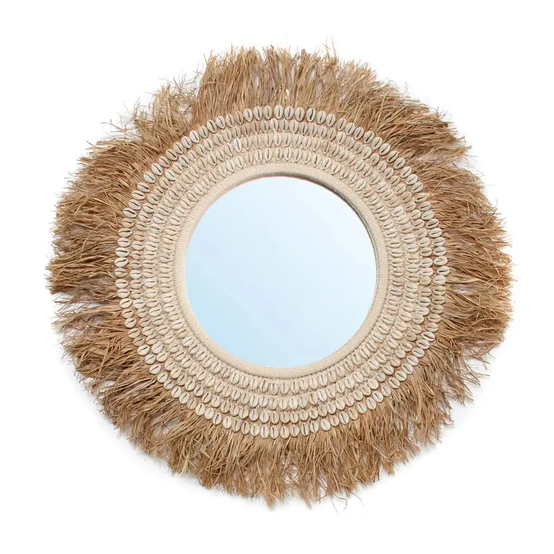 De Raffia Cowrie Spiegel - Natuurlijk Wit