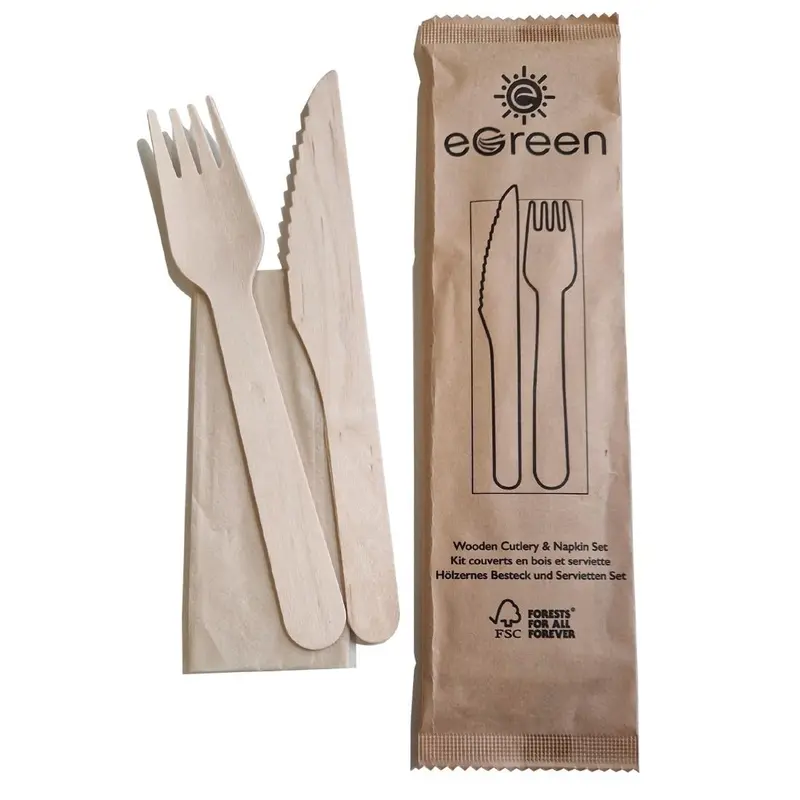 Ensembles de couverts en bois 3-en-1 emballages individuels kraft eGreen (lot de 250)