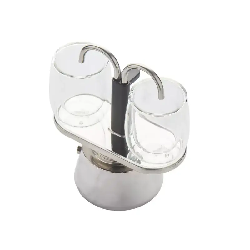Espresso set van 2 dubbelwandige glazen 80ml en handmatige espressomaker