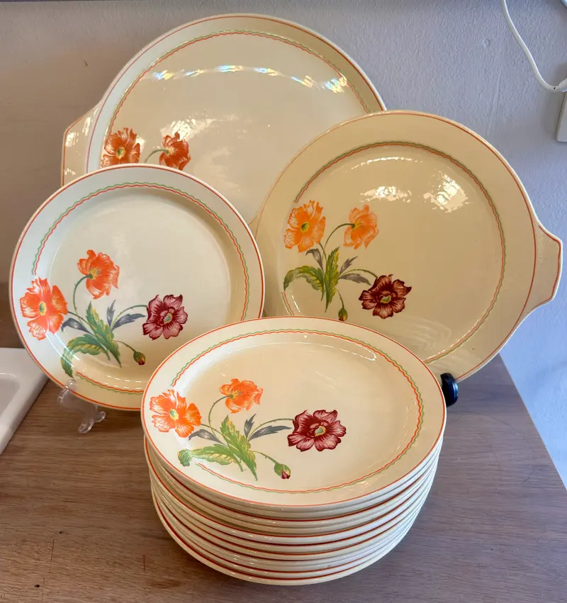 Gebakset / Taartset - 14-delig - Boch - décor van dieppaarse en oranje bloemen
