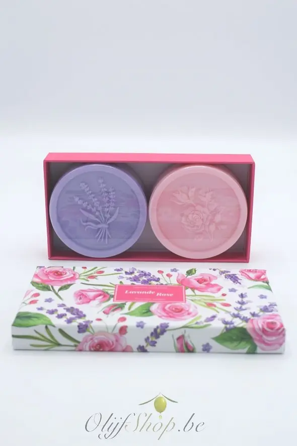 Geschenkdoos met 2 ronde zepen lavendel en rozen EP