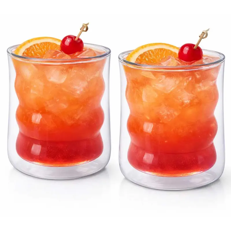 Glozini Dubbelwandige Wavy Bubbelglazen - 225ml - Set van 2 - Geribbelde Glazen - Bubble Glas - Esthetische Cocktailglazen