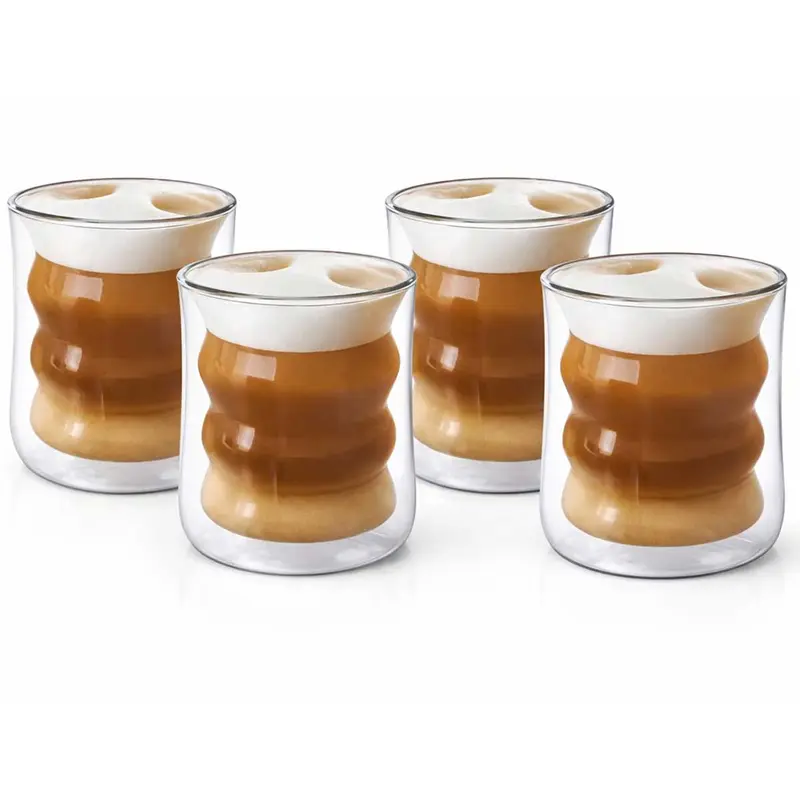 Glozini Dubbelwandige Wavy Bubbelglazen - 225ml - Set van 4 - Geribbelde Glazen - Bubble Glas - Esthetische Cocktailglazen