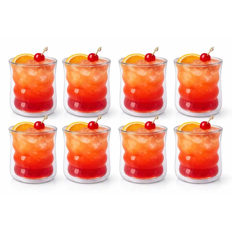 Glozini Dubbelwandige Wavy Bubbelglazen - 225ml - Set van 8 - Geribbelde Glazen - Bubble Glas - Esthetische Cocktailglazen
