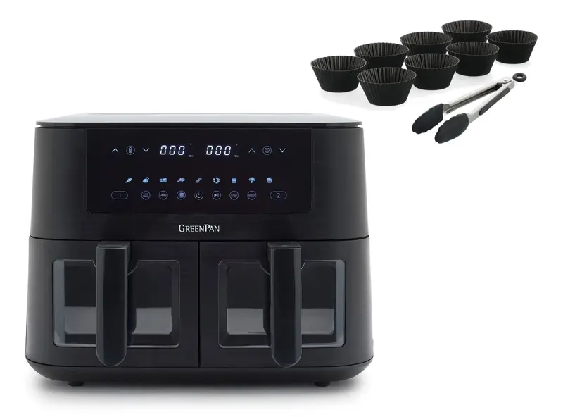 Greenpan Bistro AirFryer DUAL XL 2x 4L manden + 8 muffinvormen + Tang