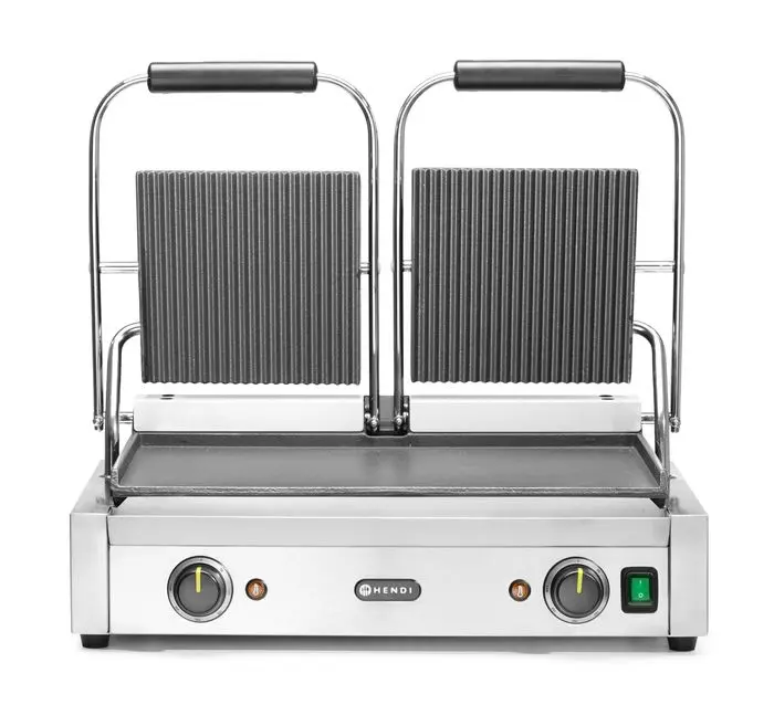 Grill de contact - modèle double, HENDI, dessus rainuré et dessous lisse, 230V/3600W, 570x375x(H)216mm — 263808