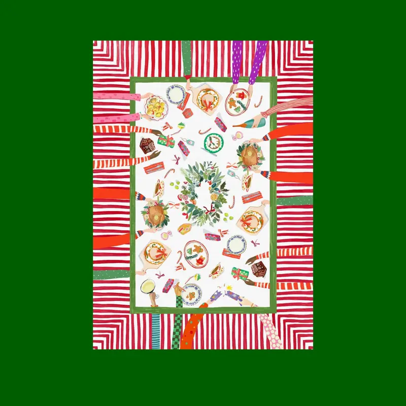 Hand on Christmas kersttafelkleed en loper met handjes die niet van het lekkers kunnen afblijven. Kies je formaat