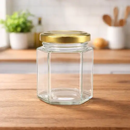 Hexagonale glazen pot 116 ml – zeskant pot per tray van 36 stuks