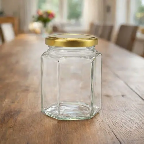Hexagonale glazen pot 196 ml – zeskant pot per tray van 25 stuks