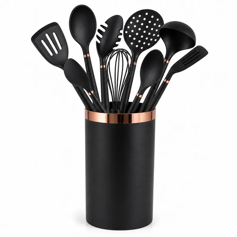Kadirelli Keukengerei Set met Houder - 10-delig - Zwart / Rosé Goud - Kookgerei Set