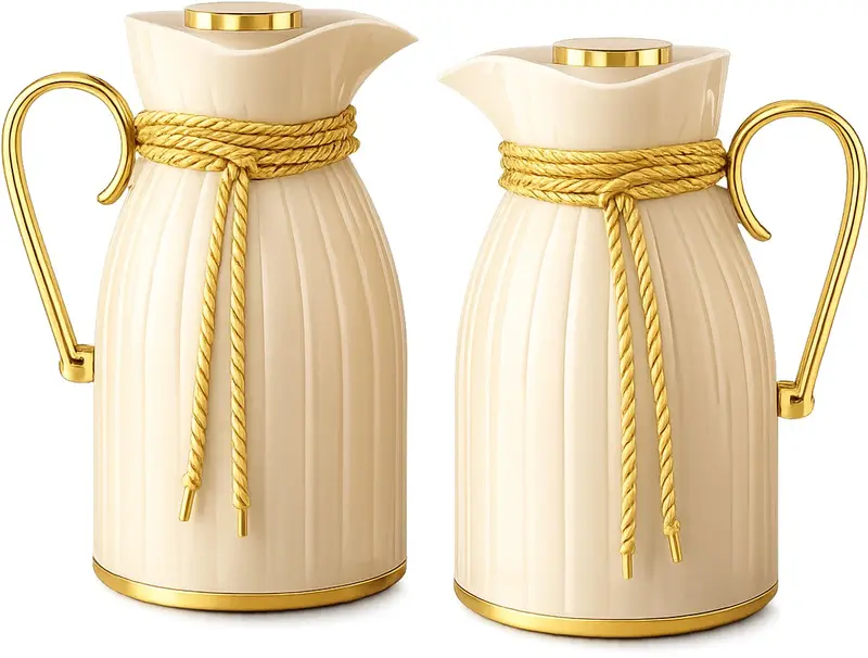 Kadirelli Thermoskan - 1L + 1L - Set van 2 - Beige/Goud - RVS Inox - Themosfles