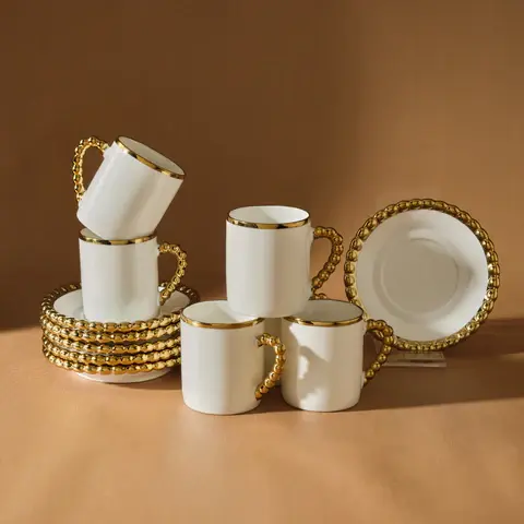 Karaca Boncuk 12-Delig Bone China Espresso Turks Koffiekopjesset Voor 6 Personen, 80 Ml, Wit Goud