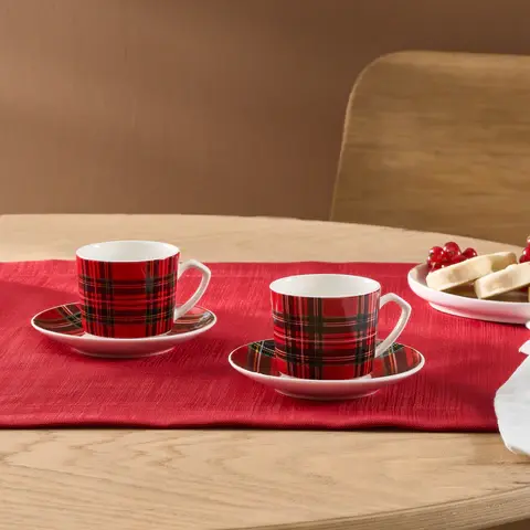 Karaca Ekose V2 4-Delig Bone China Espresso Turks Koffiekopjesset Voor 2 Personen, 80 Ml, Rood