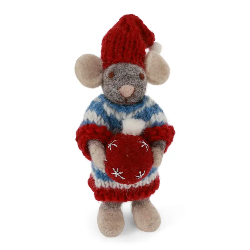 Kerstornamentje - Muis met kerstbal (klein mannetje)