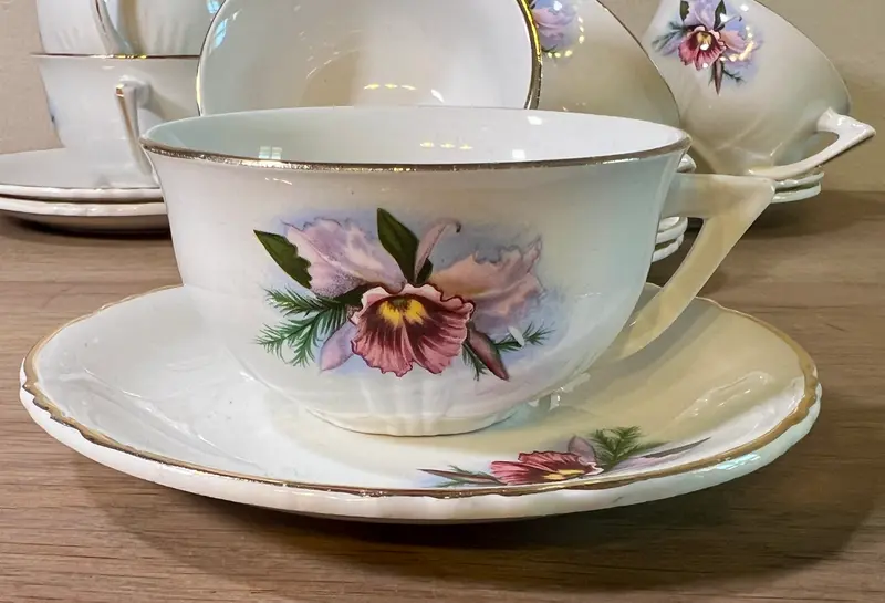 Kop en schotel - ongemerkt (Boch?) - décor met roze/lila bloem