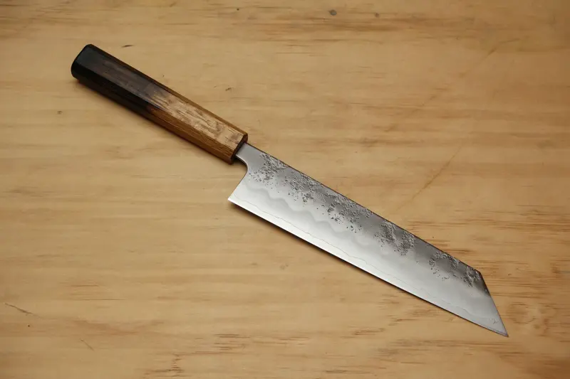 Kuromatsu ginsan nashiji kiritsuke gyuto 210 with an octagonal burned oak handle