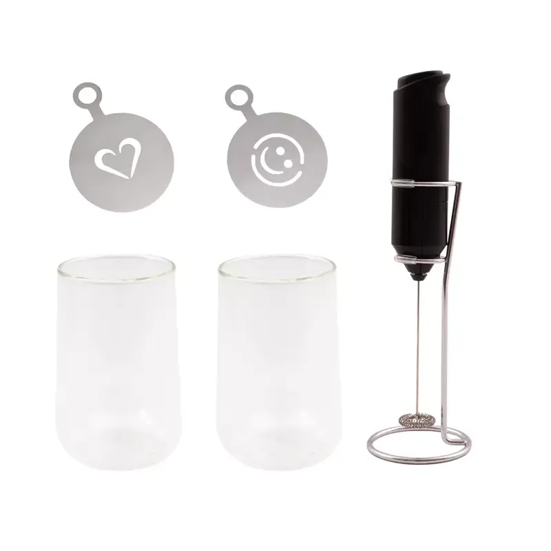 Latte set van 2 dubbelwandige glazen 350ml, melkopschuimer en stencil