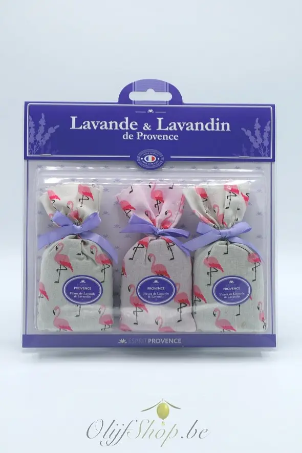 Lavendelgeschenk 3 geurzakjes flamingo's