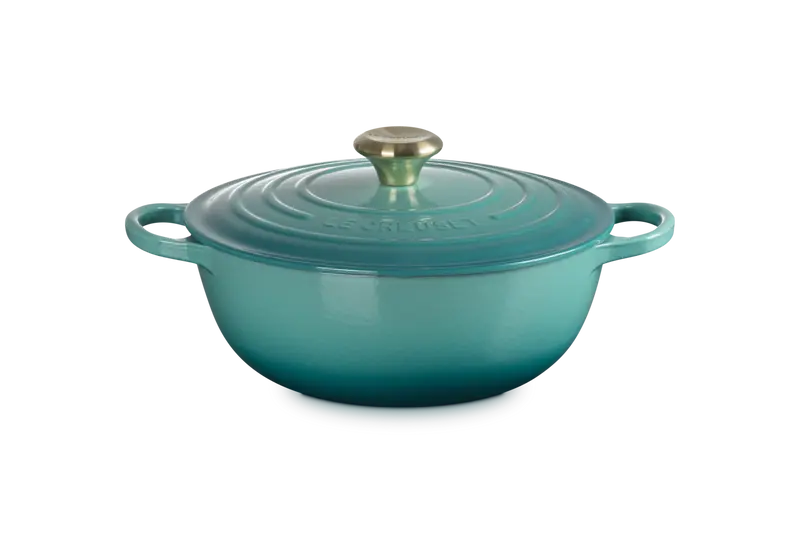 Le Creuset Marmite Signature rond met goudkleurige knop Bleu Riviera 22cm 2,2l Gietijzer