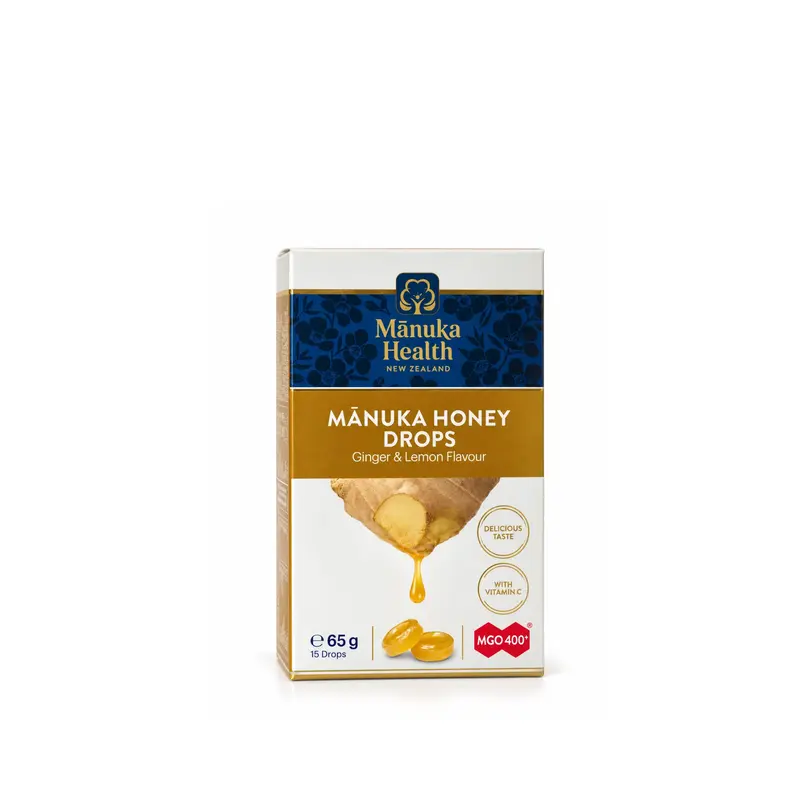 Manukahoning MGO 400+ druppels (zuigtabletten) met gember, citroensmaak en vitamine C Nieuw-Zeeland 65g Manuka Health
