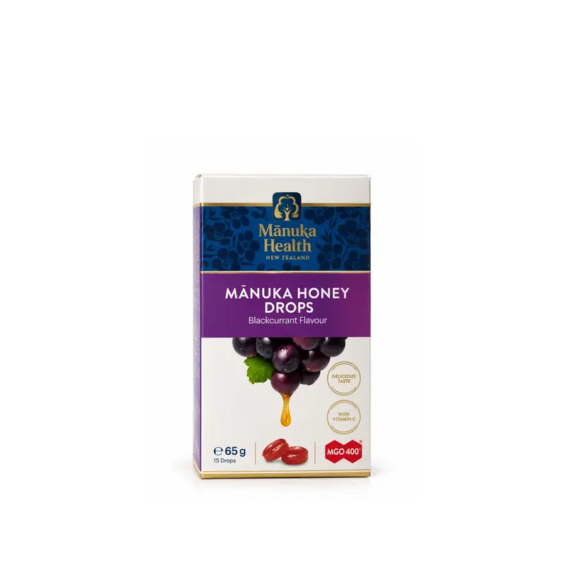 Manukahoning MGO 400+ druppels (zuigtabletten) met zwarte bessen smaak en vitamine C Nieuw-Zeeland 65g Manuka Health