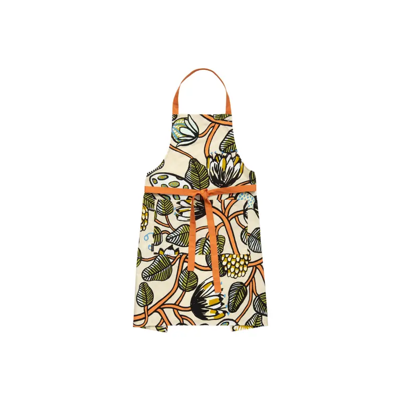 Marimekko schort Tiara rankende bloemen in groen, oranje, geel blauw op beige