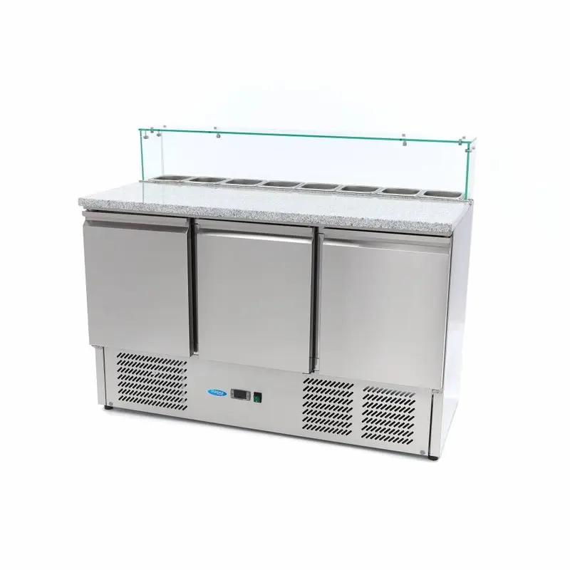 Réfrigérateur pour la préparation des pizzas - 137 cm - 3 portes - s'adapte à 8 x 1/6 GN - incl couvercle en verre – Maxima 09400208