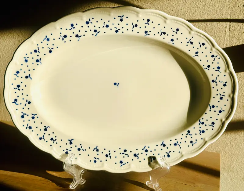 Schaal / Bord - ovaal, plat, model - Boch - décor FLORA met blauwe bolletjes en bloemetjes - vorm FESTIVAL