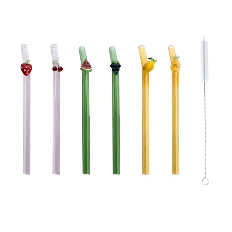Set van 6 rietjes met fruit uit borosilicaatglas 16cm
