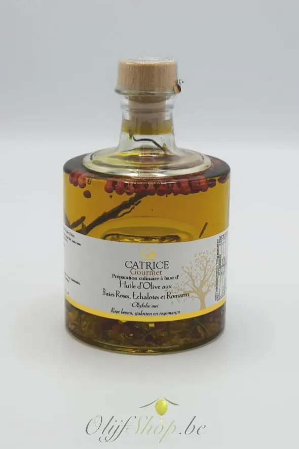 Stapelbare fles extra vierge olijfolie met roze bessen, sjalotten en rozemarijn 250 ml