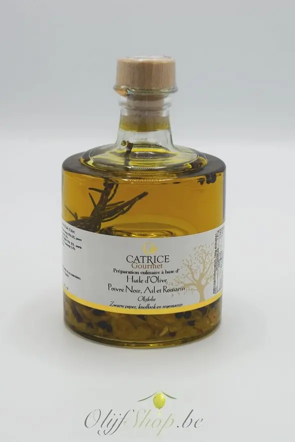 Stapelbare fles extra vierge olijfolie met zwarte peper, knoflook en rozemarijn 250 ml