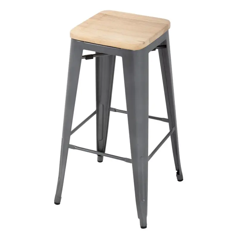 Tabouret bistro haut en acier gris avec assise en bois Bolero (lot de 4)