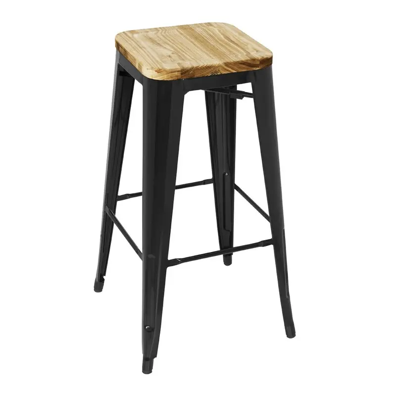 Tabouret bistro haut en acier noir avec assise en bois Bolero (lot de 4)