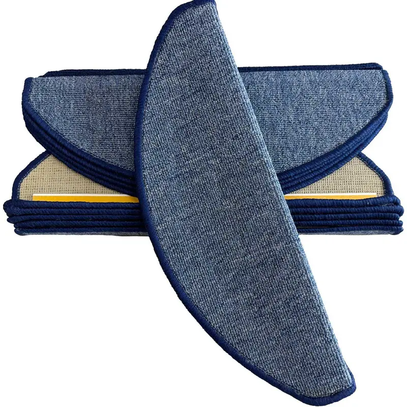 TEKZEN Trapmatten Set - Blauw Bouclé met Donkerblauw Rand - 15 Stuks - 56x17x3cm - Zelfklevende Halve Maantjes voor Trap