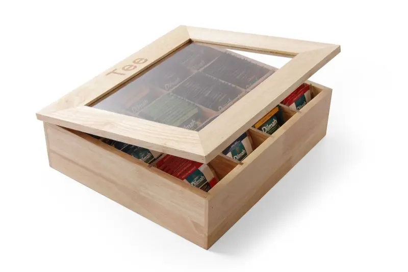 Theedoos 12 vaks 300x280x90 mmhout met acrylvenster 1/box